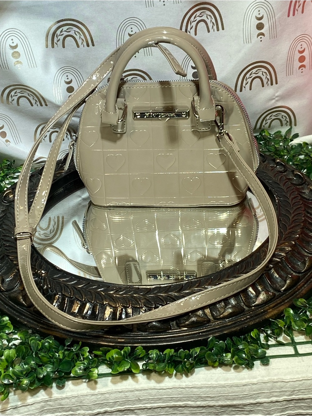 Betsey Johnson Beige Patent Heart-Embossed Dome Crossbody